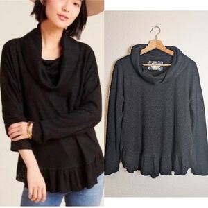 Anthropologie Maeve Black Fuzzy Waffle Knit Ruffle Hem Sweater Minimal Chic